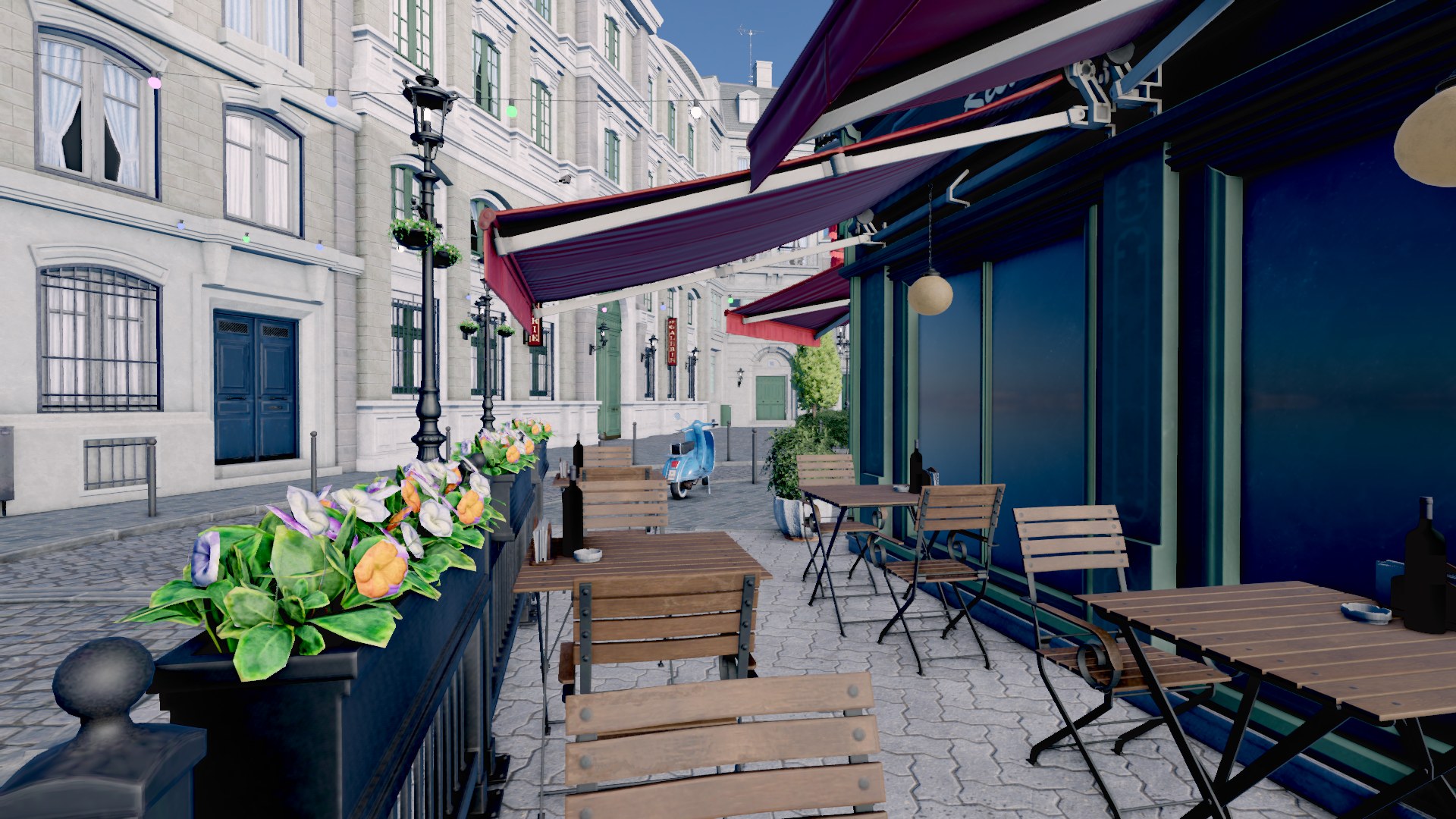 Bistro terrace with image-based ambient only, the shaded storefront is flat and blue