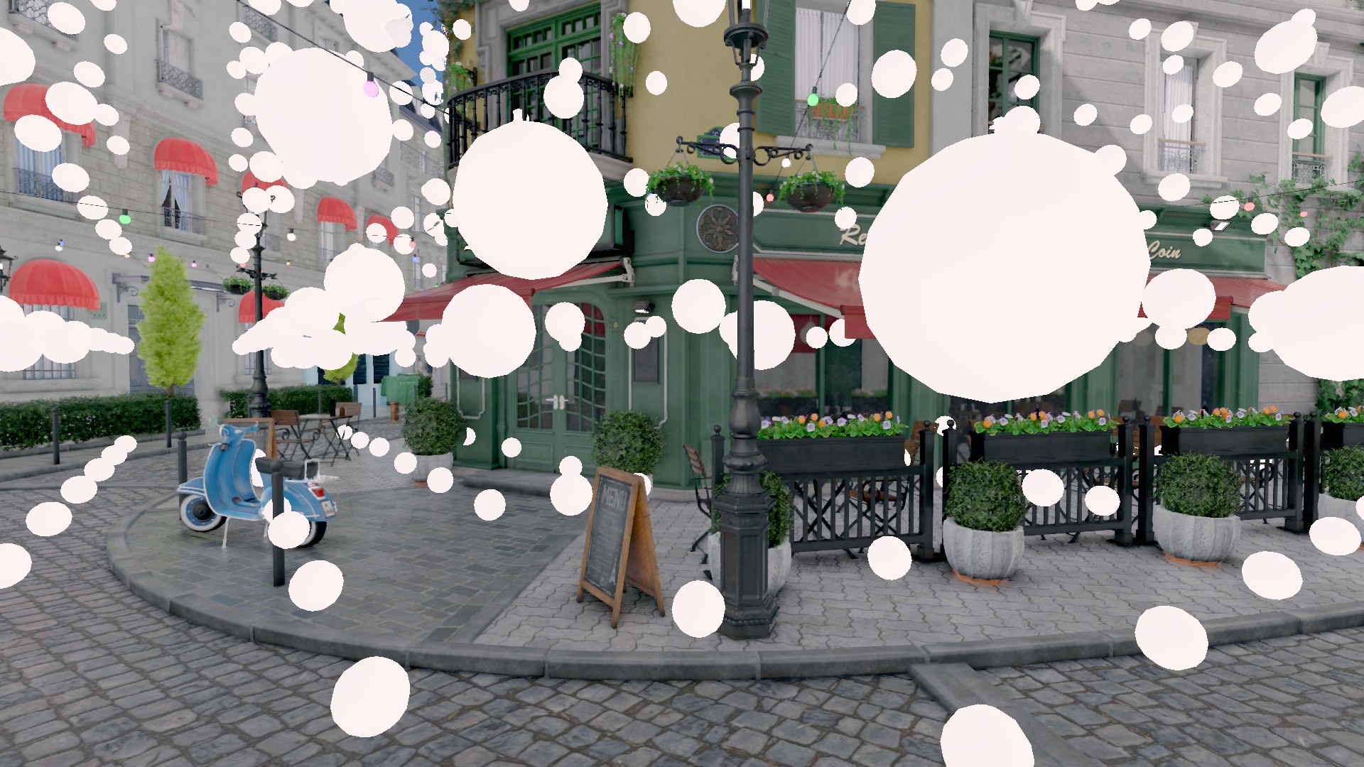 The probe field drawn over the Bistro, each sphere showing the irradiance a probe holds