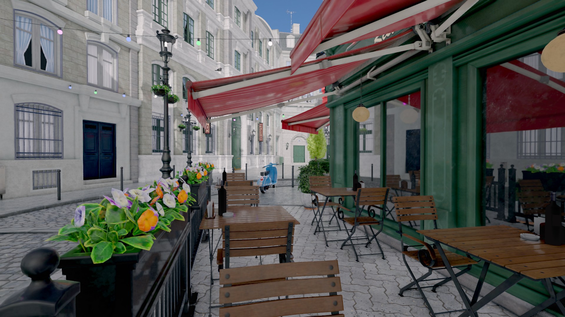 The Bistro terrace rendered with probe GI and ray-traced reflections