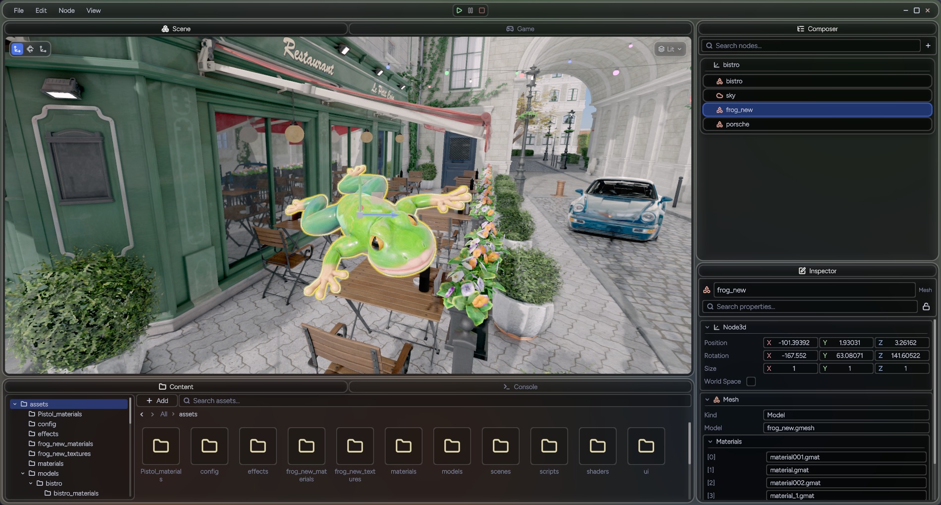 The Gibbon editor on Linux with the Bistro scene open, global illumination and ray-traced reflections on