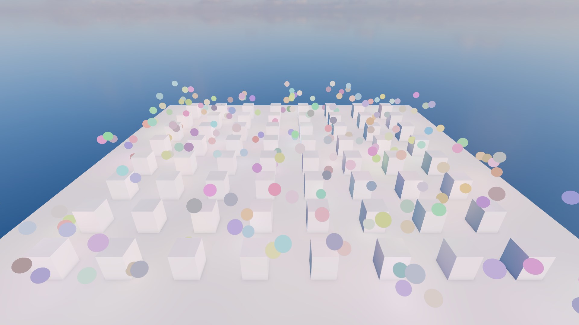 Two hundred point lights over a grid of boxes