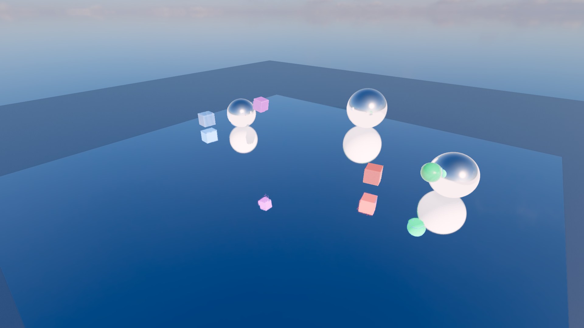 Chrome spheres and orbiting bodies over a mirror floor, the scene built to test reprojection under object motion